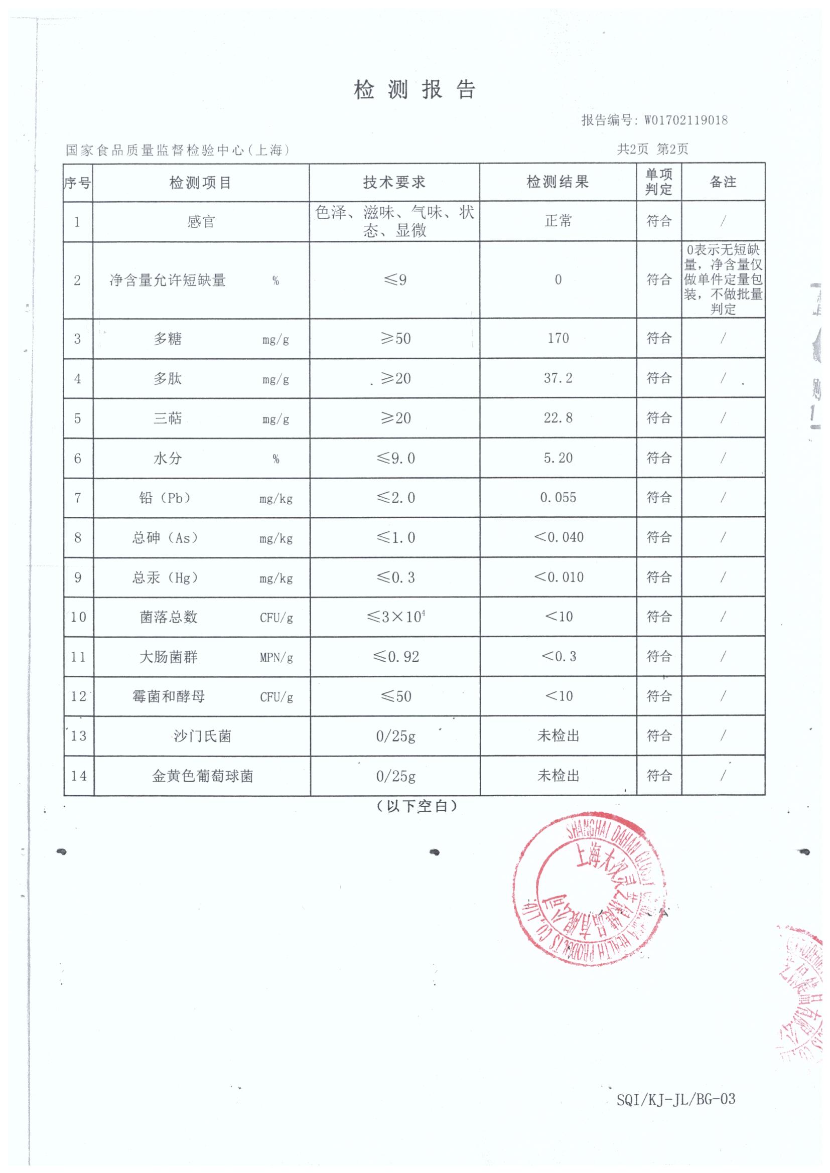 菇新大漢牌靈芝破壁孢子沖劑產(chǎn)品檢測(cè)報(bào)告